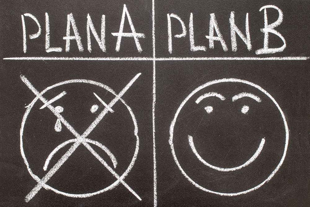 en bild på en svartvit tavla med två glada gubbar med texten plan a och plan b